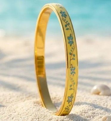 Bracelet Thaïlandais Acier Inoxydable Jonc Émaillé Doré – Motif Fleur Jaune